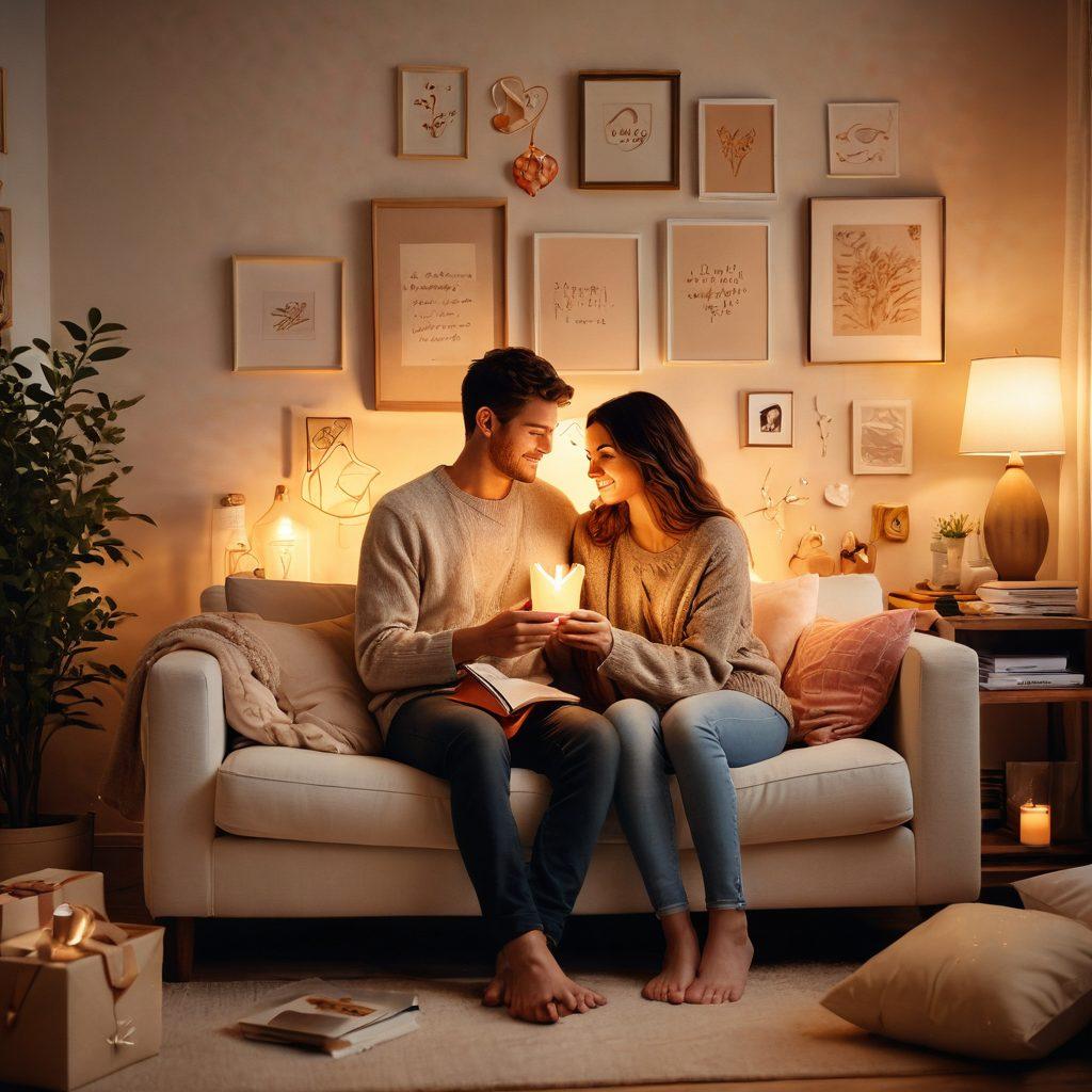 A tender scene of a couple communicating in a cozy living room, surrounded by symbols of different love languages like gifts, notes, and hugs. Warm lighting casts a soft glow, creating an intimate atmosphere. Include gentle heart motifs and calming colors to emphasize connection and understanding. Artistic and inviting. super-realistic. warm colors. soft focus.