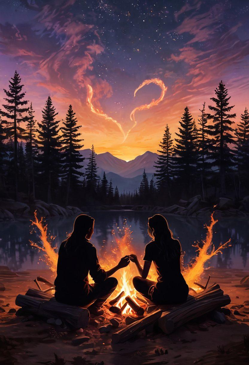 A warm, glowing campfire surrounded by two intertwined hearts made of delicate sparks, set against a twilight sky. Soft shadows dance around the flames, reflecting the deep emotional connection between two silhouettes seated nearby, sharing stories and laughter. Include twinkling stars above to symbolize the romance and connection. super-realistic. warm colors. serene background.
