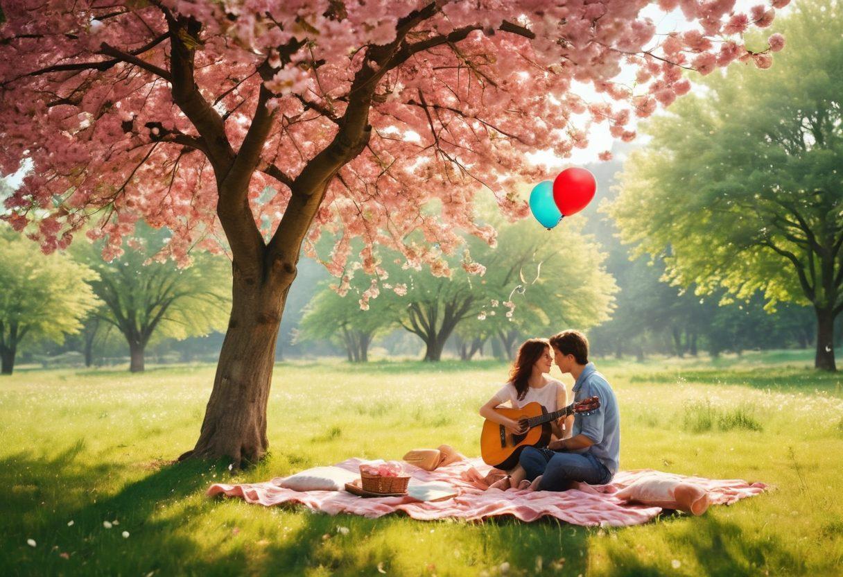 A dreamy landscape featuring a couple sharing a romantic picnic under a blossoming cherry tree, with delicate heart-shaped balloons floating above. The scene is enhanced by soft sunlight filtering through the leaves and a gentle breeze rustling the flowers, creating an atmosphere of warmth and intimacy. Add small elements like handwritten love notes scattered around and a guitar resting nearby, evoking heartfelt moments. super-realistic. vibrant colors. soft focus.